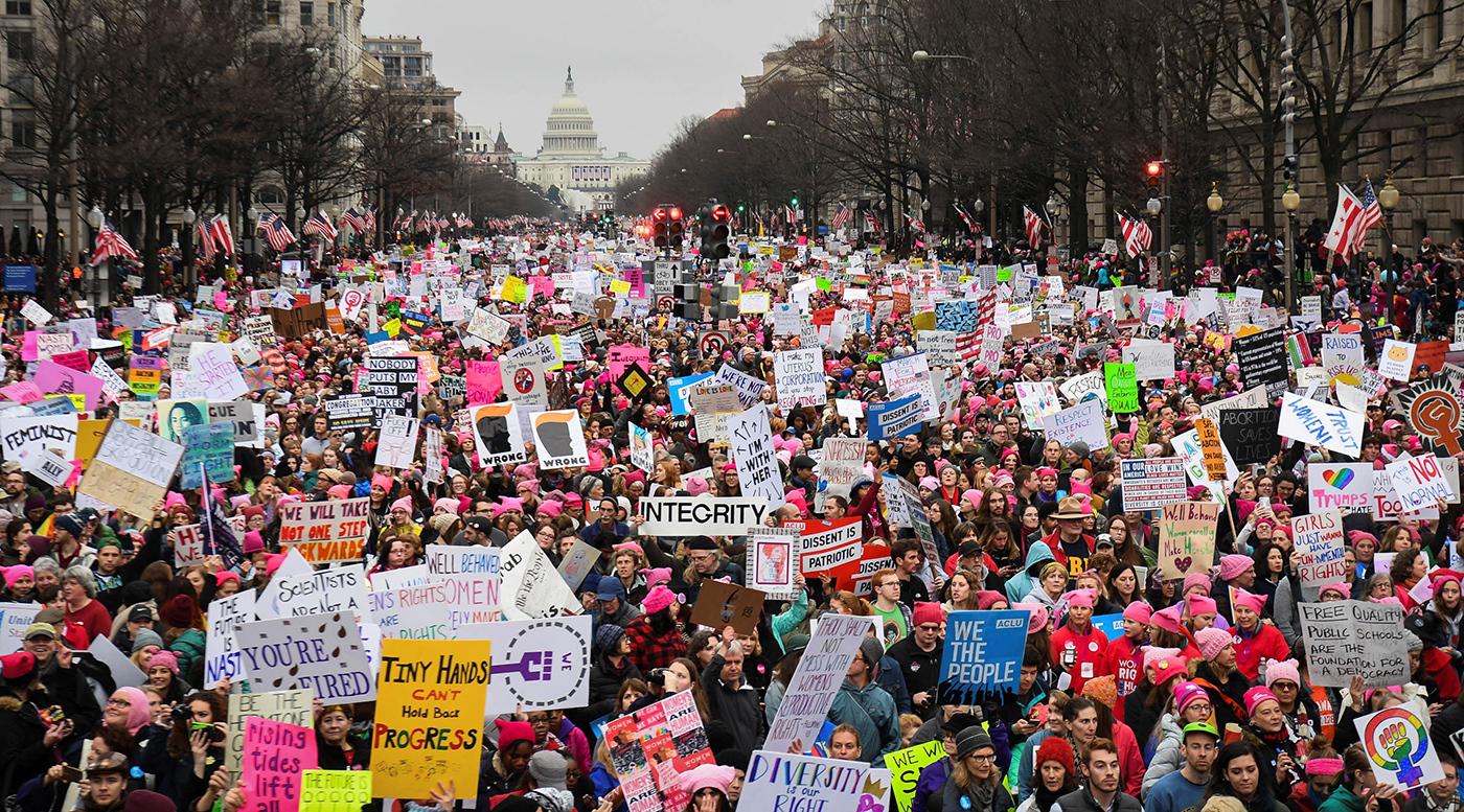 Several hundred thousand people march down Pennsylvania Avenue in Washington, DC, during the Women's March, January 21, 2017.