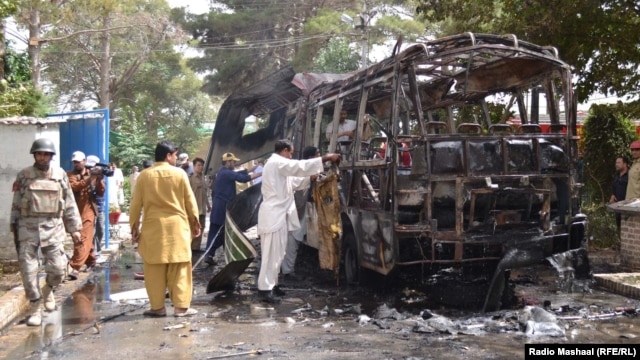 Wreckage of a student bus attacked in Quetta. At least 11 of the women aboard the bus were killed and some 20 others wounded.