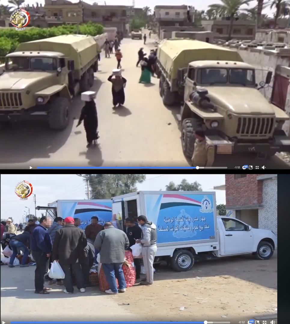 Still images from a video posted on the Egyptian Army Official Spokesman Facebook Page on April 8, apparently showing army selling (above) and distributing (below) food to residents in North Sinai.