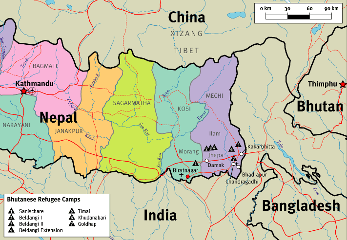 Location of Bhutanese Refugee Camps in Nepal