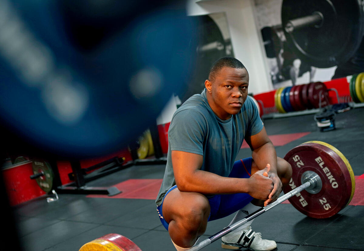 United Kingdom. Weightlifter and Refugee Olympic Team hopeful Cyrille Tchatchet