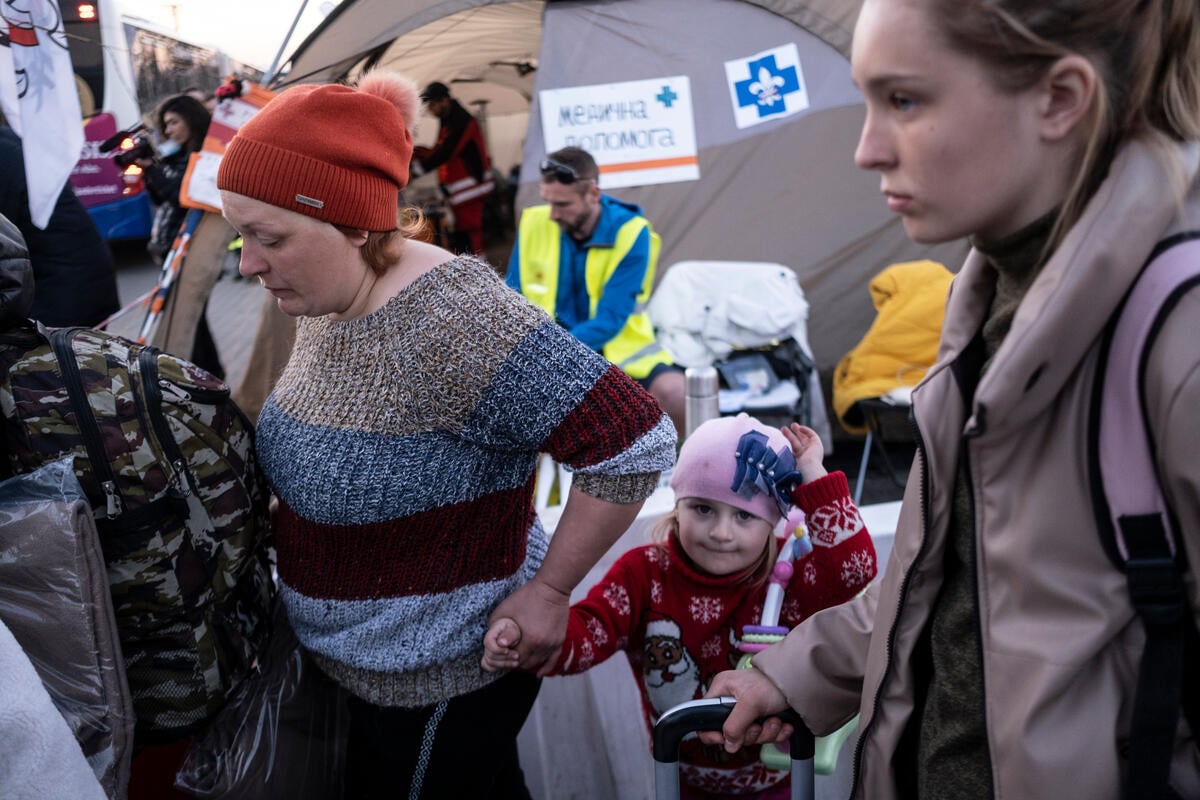 Poland. Refugees from Ukraine after crossing Medyka border into Poland